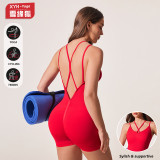 European and American style sports yoga jumpsuit for women, with beautiful back V-neck, tummy control, butt-lifting, one-piece shorts