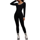 European and American style color-blocking long-sleeve one-piece yoga suit for women, outdoor slim-fit tummy control running sports butt-lifting jumpsuit
