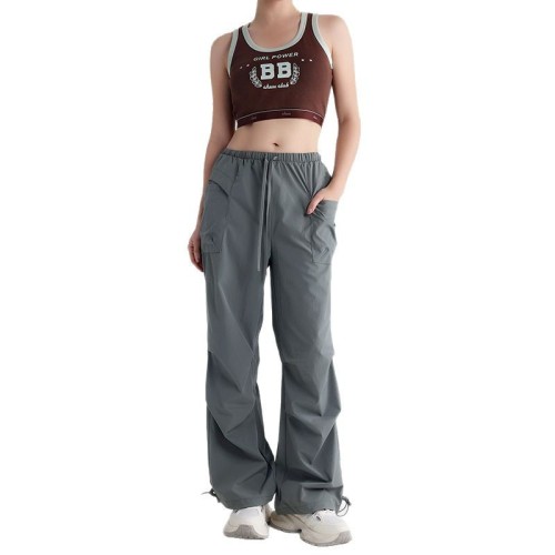 New American-style drawstring cargo pants for women, suitable for outdoor sports, running, fitness, hiking, loose-fitting, slimming, quick-drying, casual long pants