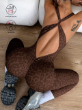 Leopard print one-piece yoga outfit for women, suitable for fitness, sports, and casual wear, with built-in chest pads