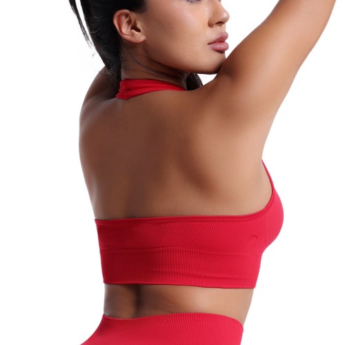 Seamless cross-border new model halter neck sports bra for women with removable pads, push-up underwear, solid color yoga sports tank top