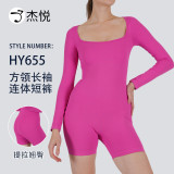 New autumn and winter square-neck long-sleeve one-piece fitness shorts for women, butt-lifting and shaping, indoor sports tight-fitting yoga jumpsuit