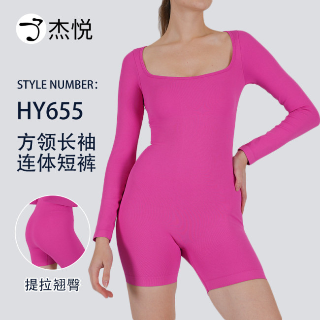 New autumn and winter square-neck long-sleeve one-piece fitness shorts for women, butt-lifting and shaping, indoor sports tight-fitting yoga jumpsuit