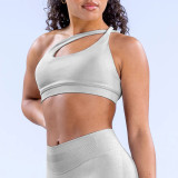 The same style of high-elasticity ultra-fine matte sports bra for women, with an off-shoulder design and open back, suitable for yoga, running, fitness, and sports training