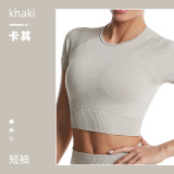 Cross-border ribbed yoga wear for women, summer tight-fitting quick-dry sports top, women's running fitness short-sleeve set wholesale