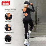 European and American style hollow-out sexy long-sleeve one-piece yoga outfit for women, with a twist design, tummy control, and peach butt effect