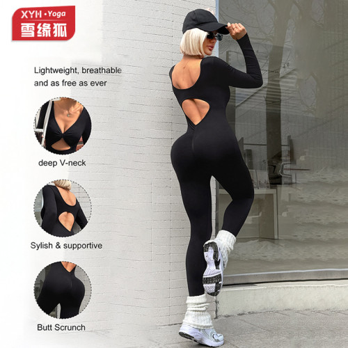 European and American style hollow-out sexy long-sleeve one-piece yoga outfit for women, with a twist design, tummy control, and peach butt effect
