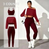 European and American cross-border fashion yoga three-piece set: seamless bra, tight leggings, long-sleeve top, women's sports yoga wear