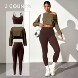 European and American cross-border fashion yoga three-piece set: seamless bra, tight leggings, long-sleeve top, women's sports yoga wear