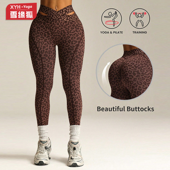 European and American seamless cross-waist yoga pants for women, slim-fit butt-lifting sports leggings with leopard print for fitness and yoga