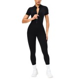 European and American style zip-up stand-collar short-sleeve sports jumpsuit for women, waist and tummy control, peach butt shaping, running and fitness jumpsuit