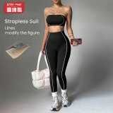 Cross-border TK popular yoga outfit for women, color-blocked bustier top, peach butt slim-fit long pants, fitness sportswear