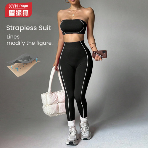 Cross-border TK popular yoga outfit for women, color-blocked bustier top, peach butt slim-fit long pants, fitness sportswear
