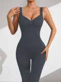 V-neck backless ribbed jumpsuit for women with fixed double shoulder straps, seamless body-shaping sports jumpsuit, butt-lifting yoga wear