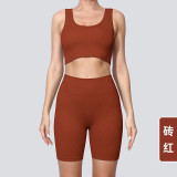 Cross-border seamless high-waisted yoga outfit for women, solid color knitted high-elastic ribbed butt-lifting sports running fitness short set