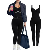 V-neck backless ribbed jumpsuit for women with fixed double shoulder straps, seamless body-shaping sports jumpsuit, butt-lifting yoga wear