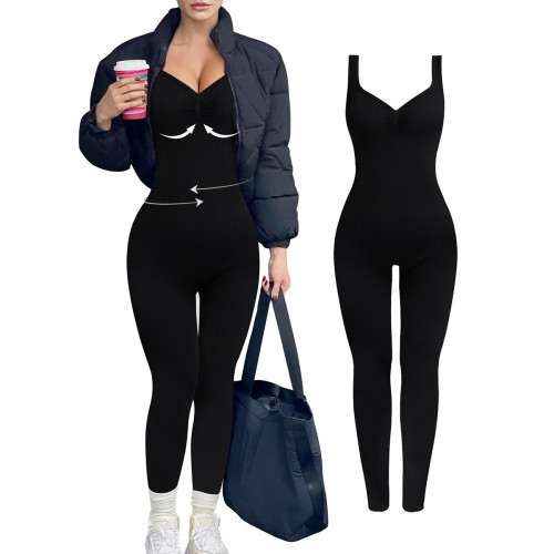 V-neck backless ribbed jumpsuit for women with fixed double shoulder straps, seamless body-shaping sports jumpsuit, butt-lifting yoga wear
