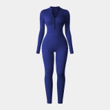 European and American autumn and winter one-piece sports yoga jumpsuit for women with zipper, stand-up collar, long sleeves, thumb holes, butt-lifting and tummy-control features