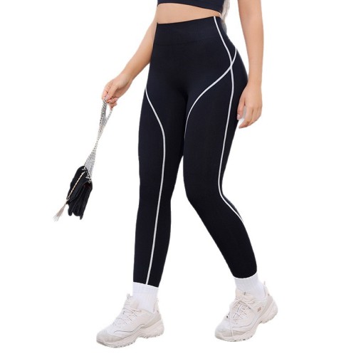 Popular color-blocked high-waisted ribbed yoga pants for women, suitable for running and fitness, peach butt tight-fitting sports leggings