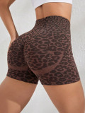 European and American leopard print yoga shorts for women, high-waisted, tummy-controlling, stretchy, outdoor sports shorts, peach butt-enhancing fitness wear