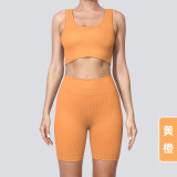 Cross-border seamless high-waisted yoga outfit for women, solid color knitted high-elastic ribbed butt-lifting sports running fitness short set