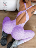 Leopard print one-piece yoga outfit for women, suitable for fitness, sports, and casual wear, with built-in chest pads