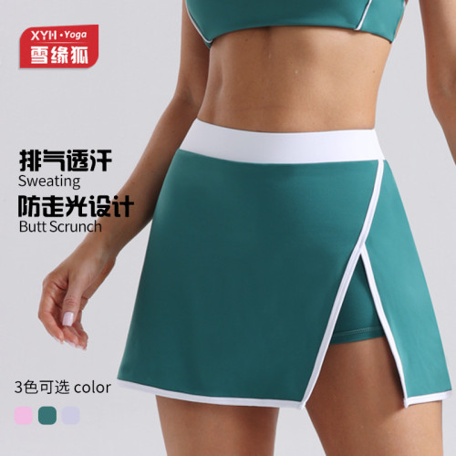 Two-tone faux two-piece sports yoga skirt for women, tennis anti-exposure hip-hugging A-line skirt, quick-dry running fitness shorts