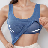 Cross-border plus-size solid color home fitness ribbed U-neck tank top with chest pads for women, suitable for sports and outdoor yoga
