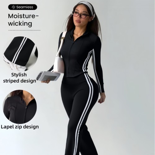 New cross-border yoga bell-bottom pants set for women, sports outdoor sun-protective long-sleeve jacket, casual striped long pants