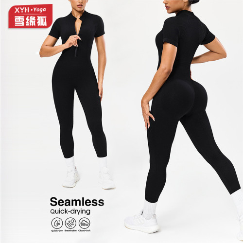 European and American style zip-up stand-collar short-sleeve sports jumpsuit for women, waist and tummy control, peach butt shaping, running and fitness jumpsuit