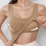 Cross-border plus-size solid color home fitness ribbed U-neck tank top with chest pads for women, suitable for sports and outdoor yoga