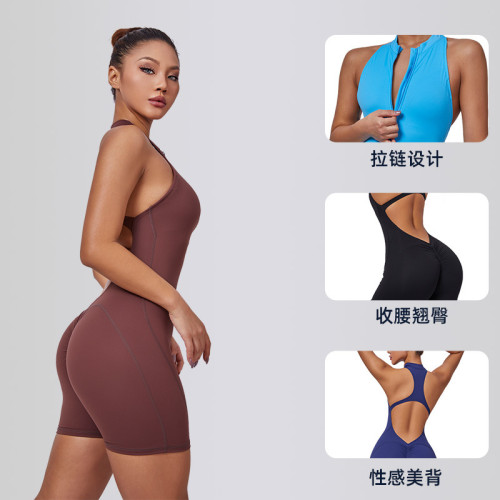 Short yoga jumpsuit with stand-up collar and zipper closure, European and American cross-border fitness wear, high elasticity, nude feel, solid color shapewear