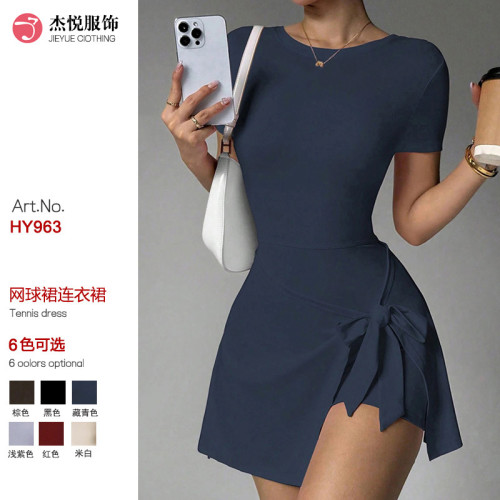 Cross-border casual yoga one-piece short skirt, tight-fitting, beautiful back, faux two-piece, outdoor fitness anti-exposure sports tennis skirt for women