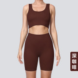 Cross-border seamless high-waisted yoga outfit for women, solid color knitted high-elastic ribbed butt-lifting sports running fitness short set