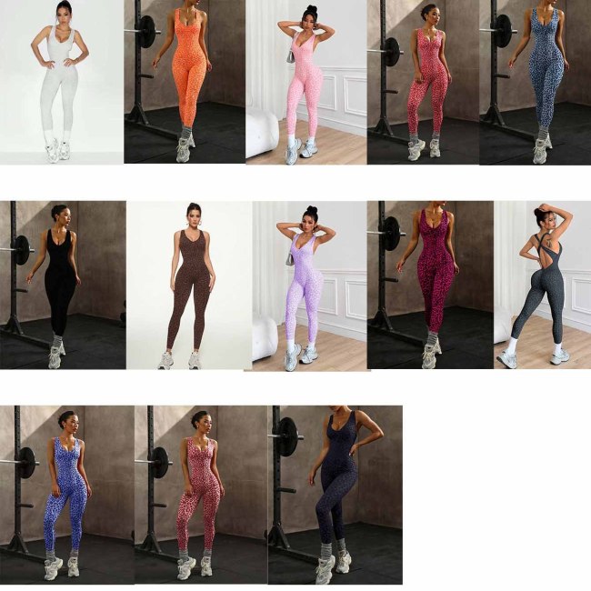 Leopard print one-piece yoga outfit for women, suitable for fitness, sports, and casual wear, with built-in chest pads