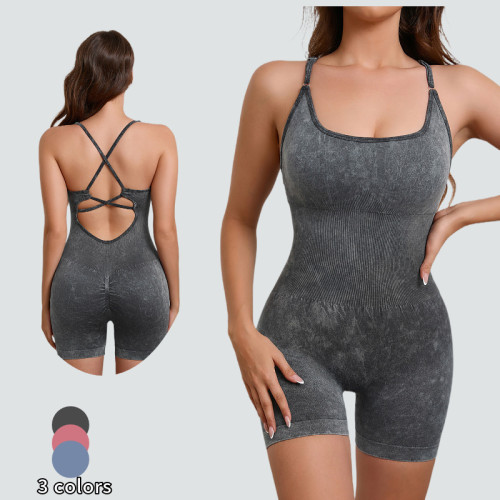 Cross-border bestseller: Sand-washed nude-feel yoga camisole jumpsuit for women, high-intensity dance and fitness sports bodysuit