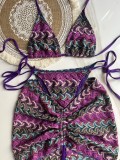 Knitted bikini skirt three-piece set, European and American sexy striped bikini swimsuit for women
