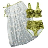 Dutch velvet gold silk fabric, solid color bikini three-piece set, trendy high-waisted and sexy