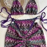 Knitted bikini skirt three-piece set, European and American sexy striped bikini swimsuit for women