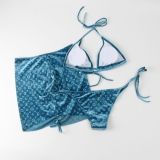 Dutch velvet gold silk fabric, solid color bikini three-piece set, trendy high-waisted and sexy