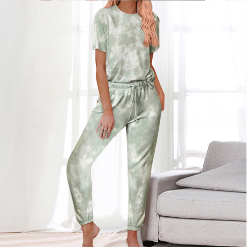 Women S Tie Dye Pajamas Suit Casual Daily Wear Short Sleeved Round