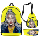Billie Eilish Trendy Casual Students Backpack  With Sling Bag and Pencil Bag 3 Piece Set