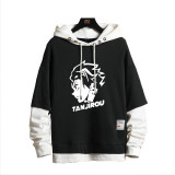 Demon Slayer Fake Two Piece Hoodie Casual Loose Black and White Hooded Sweatshirt Youth Popular Unisex Tops