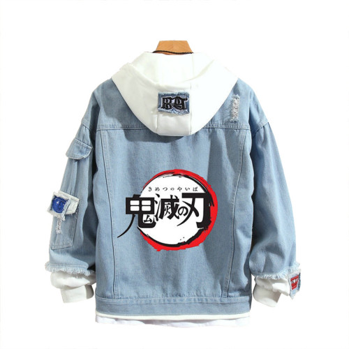 Demon Slayer Fake Two Piece Jacket Denim Casual Hip Hop Coat Youth Unisex Fall Winter Hooded Coat