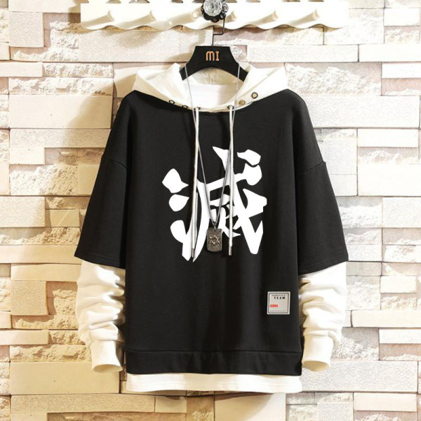 Demon Slayer Fake Two Piece Hoodie Casual Loose Black and White Hooded Sweatshirt Youth Popular Unisex Tops