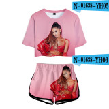 Ariana Grande Fashion Loose Girls Women Crop Top T-shirt and Shorts 2 Pieces Set