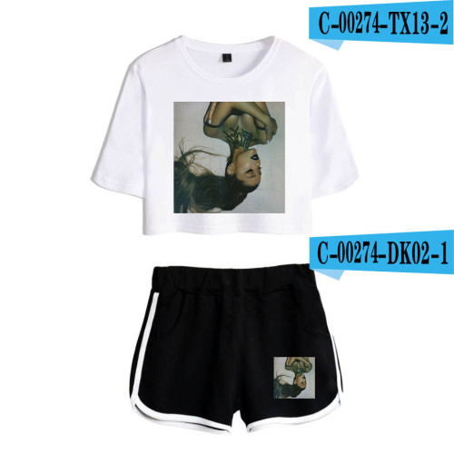 Ariana Grande Fashion Casual Girls Women 2 Pieces Crop Top T-shirt and Shorts Suit