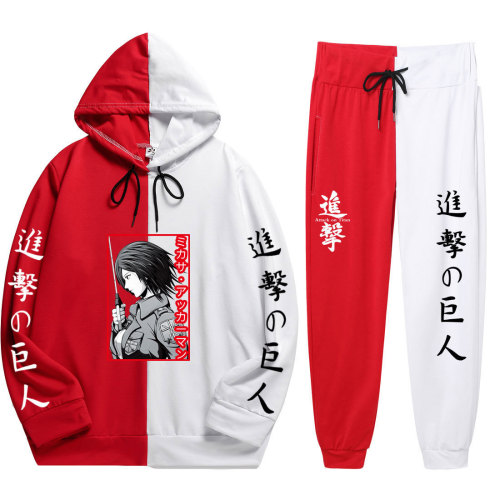 Anime Attack On Titan Sweatsuit Casual Hoodie and Sweatpants Set Half White Half Black Street Style