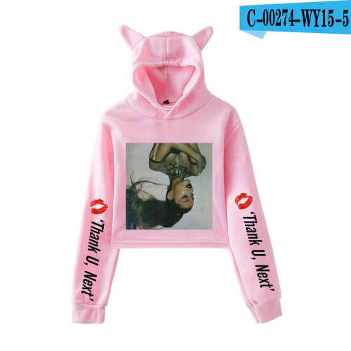 Ariana Grande Fashion Hoodie Girls Women Crop Top Cute Cat Ear Hooded Sweatshirt