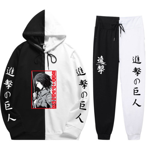 Anime Attack On Titan Sweatsuit Casual Hoodie and Sweatpants Set Half White Half Black Street Style